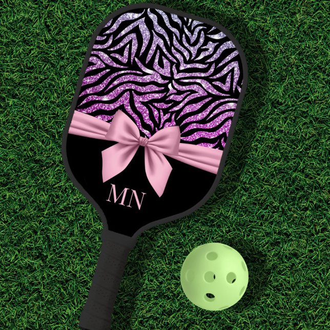 Ombre Glitter Zebra Pink Bow Monogrammed Pickleball Paddle (Creator Uploaded)