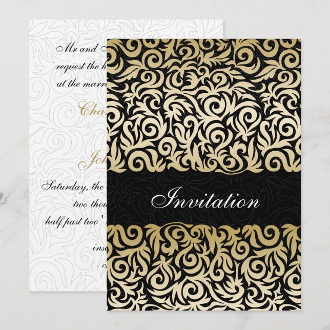 ombre gold and Black Swirling Border Wedding Invitation (Front/Back)