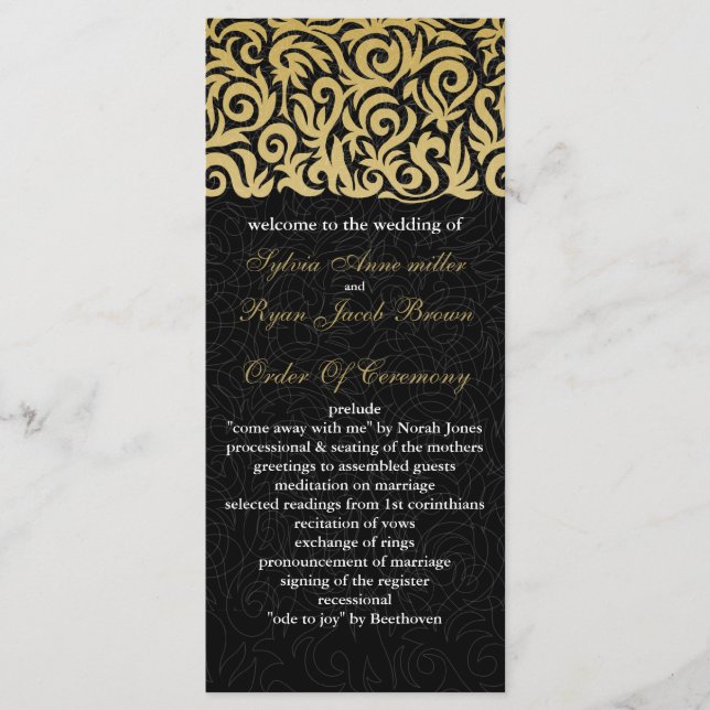 ombre gold and Black Swirling Border Wedding Programme (Front)