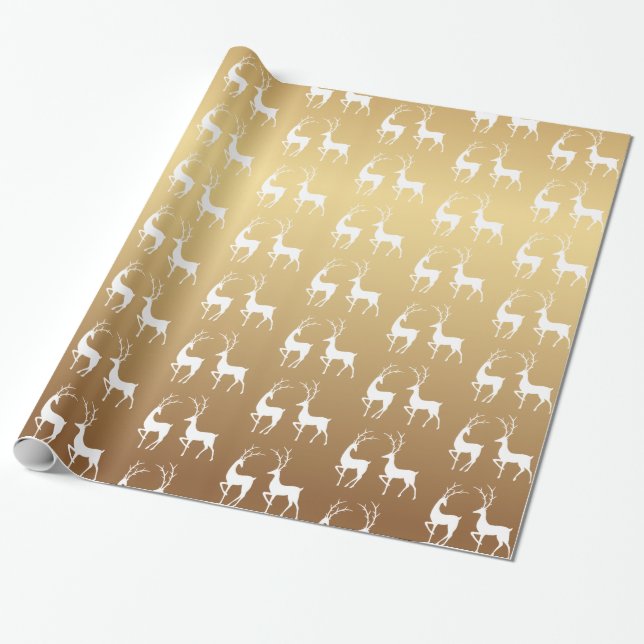 Ombre Gold and White Christmas Holiday Deer Wrapping Paper (Unrolled)