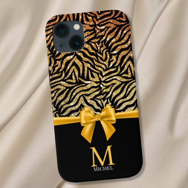 Ombre Gold Glitter Zebra Stripes Bow Monogram Case-Mate iPhone Case (Creator Uploaded)