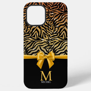 Ombre Gold Glitter Zebra Stripes Bow Monogram iPhone 12 Pro Max Case