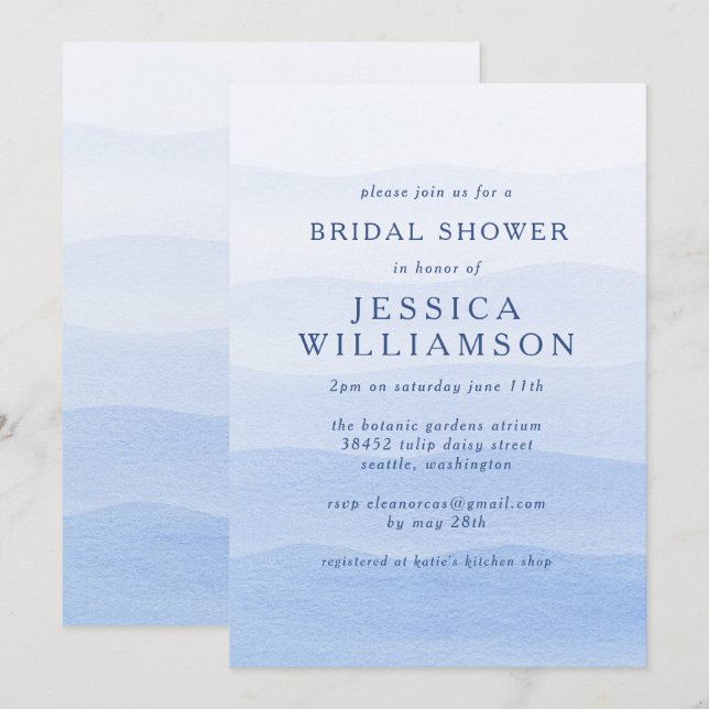 Ombre Gradient Dip Dye Blue Bridal Shower  Invitation (Front/Back)