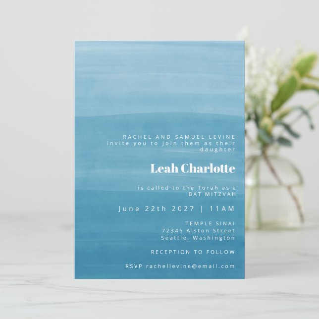 Ombre Gradient Dip Dye Ocean Blue Bat Bar Mitzvah Invitation (Standing Front)