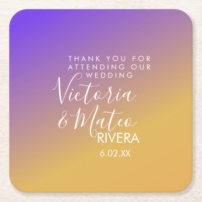 Ombre Gradient Purple Yellow Sunset Wedding   Square Paper Coaster (Front)