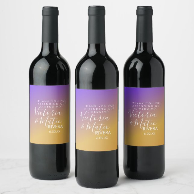 Ombre Gradient Purple Yellow Sunset Wedding  Wine Label (Bottles)