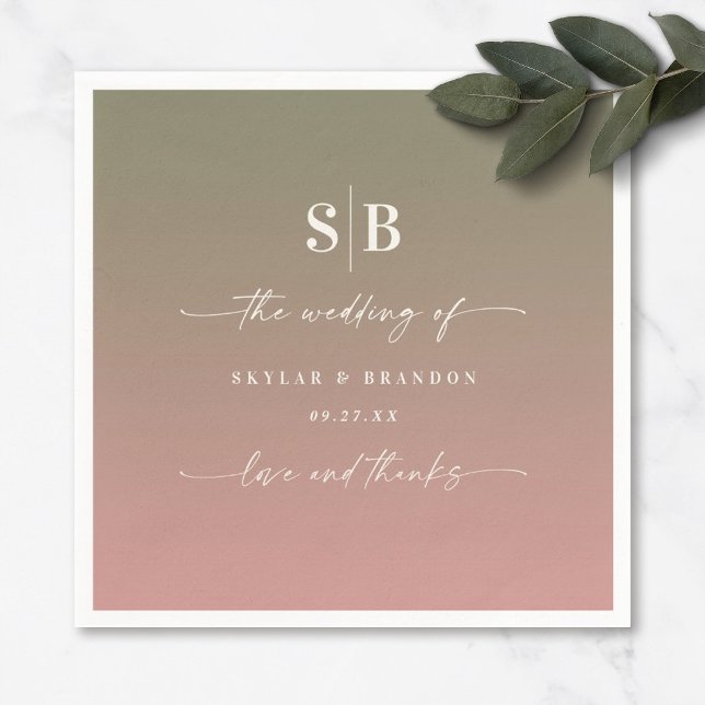 Ombre Green & Dusty Rose Pink Monogrammed Wedding Napkin (Creator Uploaded)