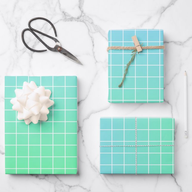 Ombre Green Teal Blue Grid Pattern Wrapping Paper Sheet (Front)