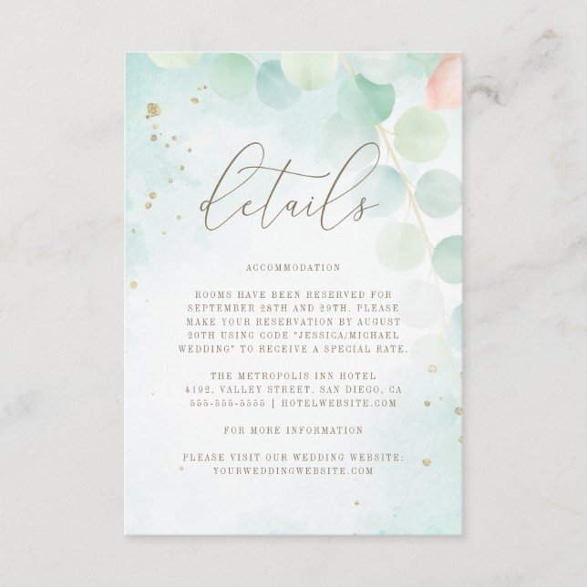 Ombre Greenery Eucalyptus Monogram Wedding Details Enclosure Card (Front)