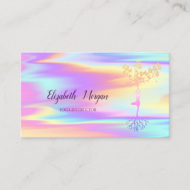 Ombre Holographic Yoga,Tree Women Silhouette Business Card (Front)
