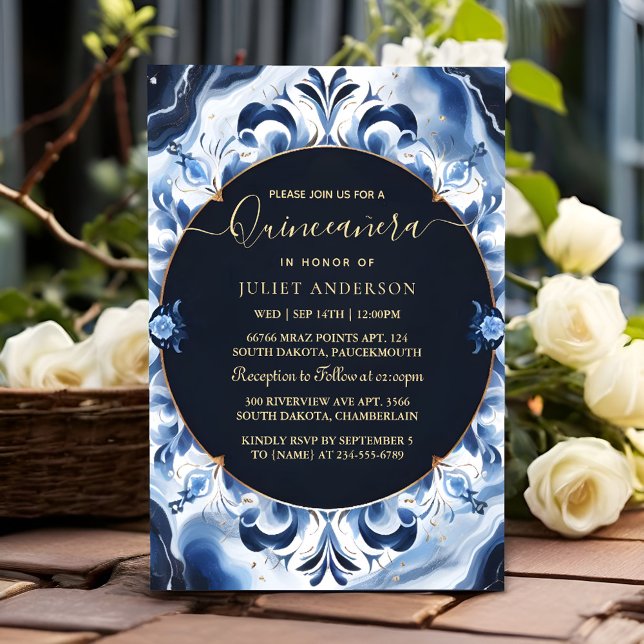 Ombre ivory Ice Sky Gold Royal Blue Quinceanera Invitation (Creator Uploaded)