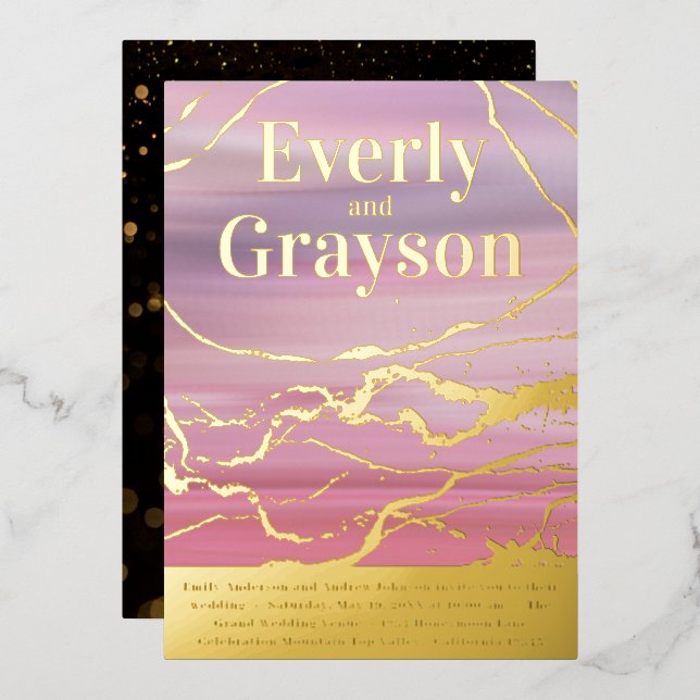 Ombre Lavender Pink Marble Veining Gold Wedding    (Front/Back)