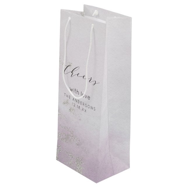 Ombre Lavender Purple Silver Foil Cheers Wedding Wine Gift Bag (Back Angled)