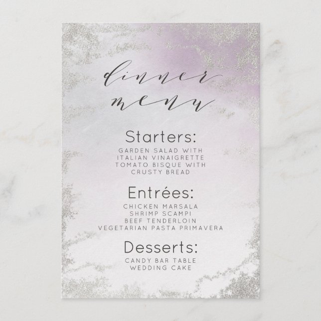 Ombre Lavender Purple Silver Foil Frosted Dinner Menu (Front)