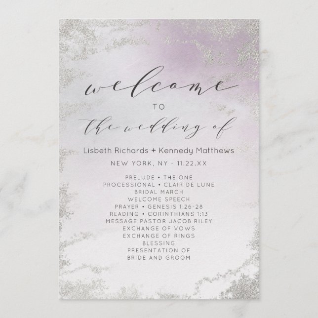 Ombre Light Purple Silver Foil Wedding Ceremony Programme (Front)