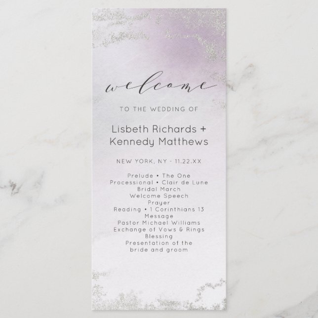 Ombre Light Purple Silver Foil Wedding Ceremony Programme (Front)