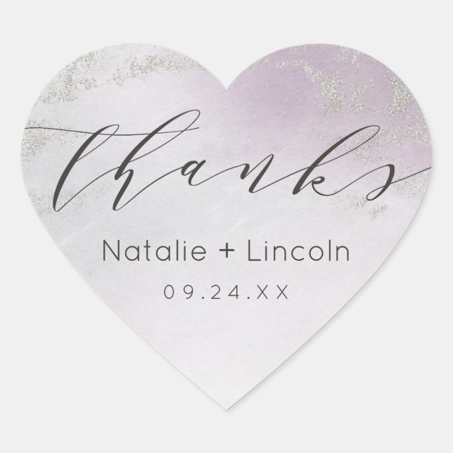 Ombre Light Purple Silver Foil Wedding Thank You Heart Sticker (Front)