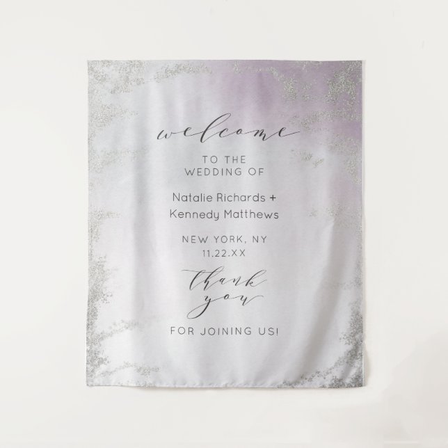 Ombre Light Purple Silver Foil Wedding Welcome Tapestry (Front)