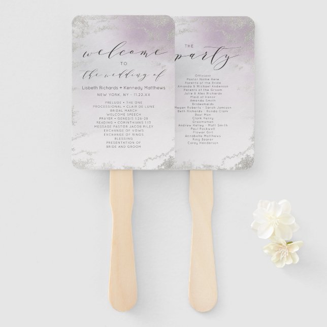 Ombre Light Purple Silver Wedding Ceremony Program Hand Fan (Front and Back)