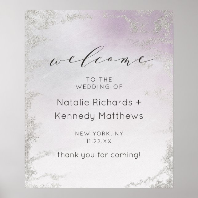 Ombre Light Purple Silver Wedding Welcome Sign (Front)