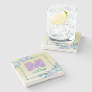 Ombre Mermaid Scales Purple Watercolor Monogram Stone Coaster