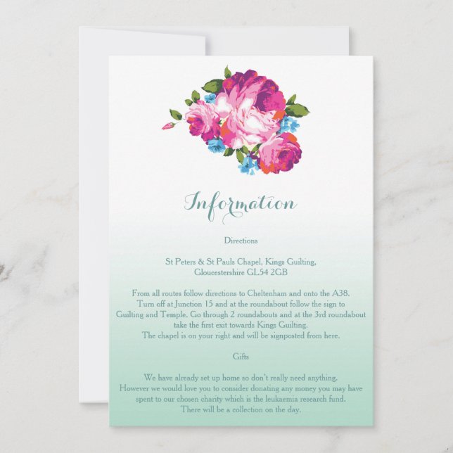 Ombre Mint Floral Wedding Information Cards (Front)