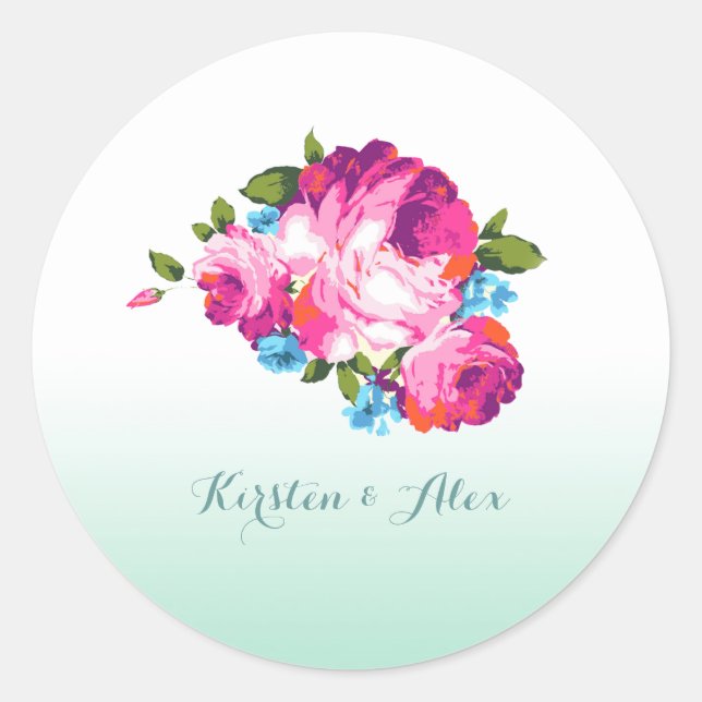 Ombre Mint Floral Wedding Invitation Stickers (Front)