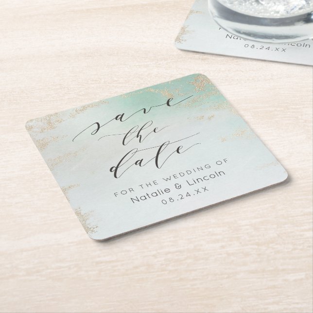 Ombre Mint Green Frosted Gold Foil Chic Wedding Square Paper Coaster (Angled)