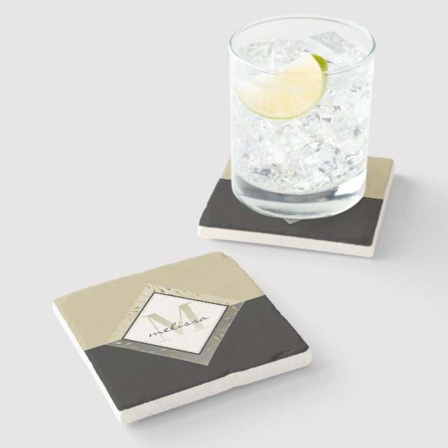 Ombre #Monogram | #Classic Black + White + Gold Stone Coaster (Side)
