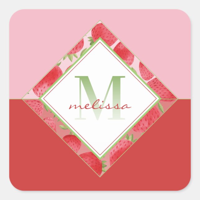 Ombre Monogram + Strawberry Red & Green + Pink Square Sticker (Front)