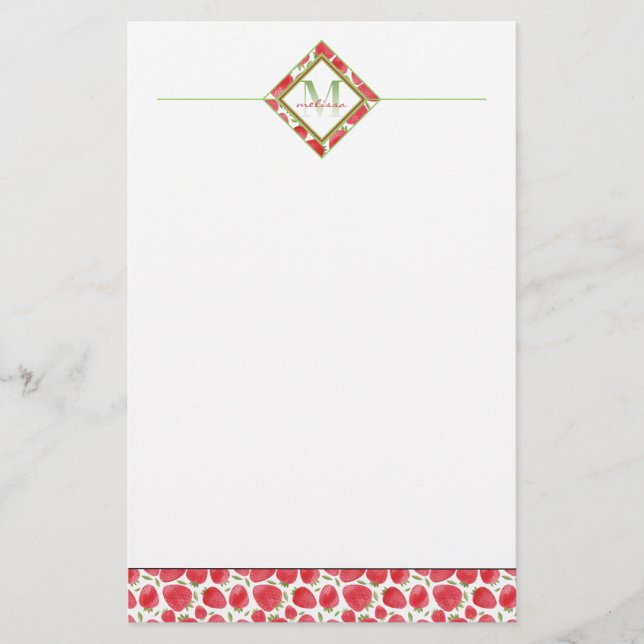 Ombre Monogram | Summer Strawberries + Green Stationery (Front)