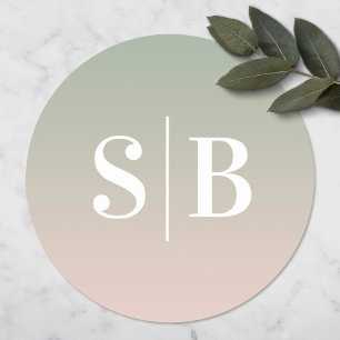 Ombre Monogrammed Leaf Green & Light Pink Wedding Classic Round Sticker