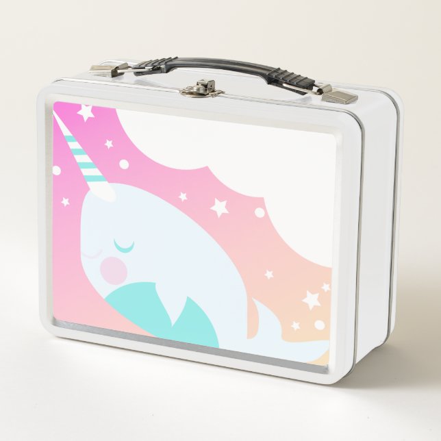 Ombre Narwhale Colourful Magical Cartoon Design Metal Lunch Box (Front)