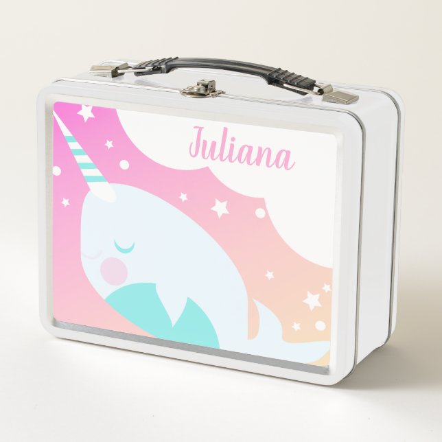 Ombre Narwhale Colourful Magical Cartoon Name Metal Lunch Box (Front)