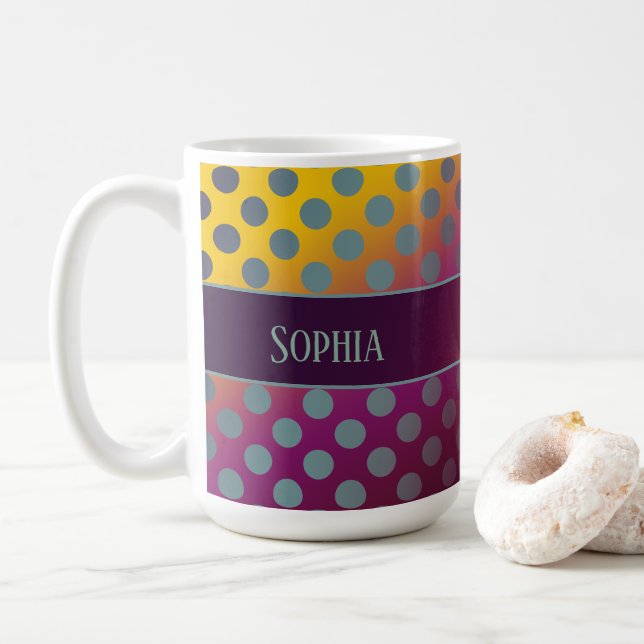 Ombre Passion Fruit Polka Dots Personalised Coffee Mug (With Donut)