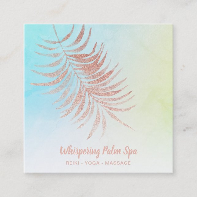 *~*  Ombre Pastel Rose Gold Palm Branch Turquoise Square Business Card (Front)