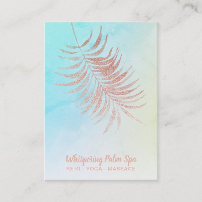 *~*  Ombre Pastel Rose Gold Palm Leaf Turquoise Business Card (Front)