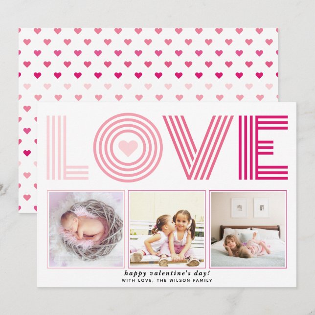 Ombre pink LOVE Valentines Day heart photo Holiday Card (Front/Back)