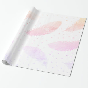*~* Ombre Pink Peach Lavender Feathers on White Wrapping Paper