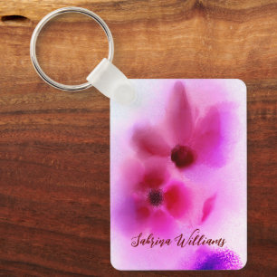 Ombre Pink Purple Twin Flowers Painting Signature Key Ring