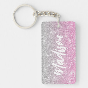 Ombre Pink Silver Glitter Calligraphy Name Key Ring