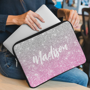 Ombre Pink Silver Glitter Calligraphy Name Laptop Sleeve