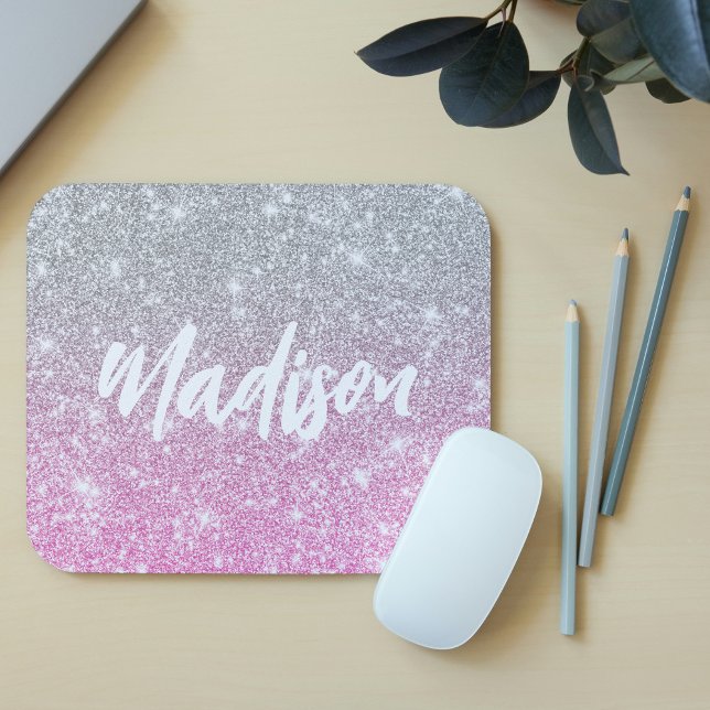 Ombre Pink Silver Glitter Calligraphy Name Mouse Mat (Creator Uploaded)