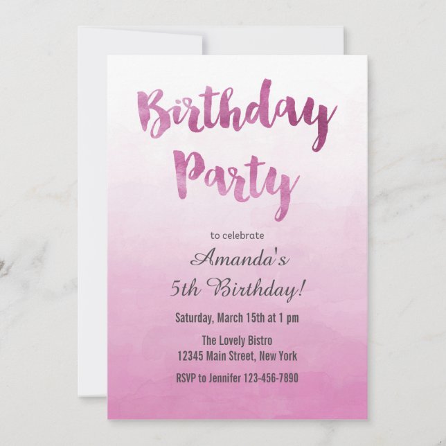 Ombre Pink Watercolor Birthday Invitation (Front)