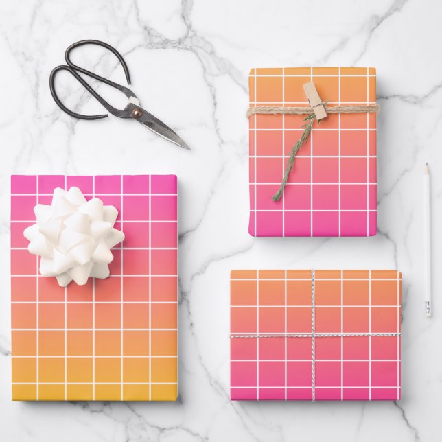 Ombre Pink Yellow Orange Grid Pattern  Wrapping Paper Sheet (Front)