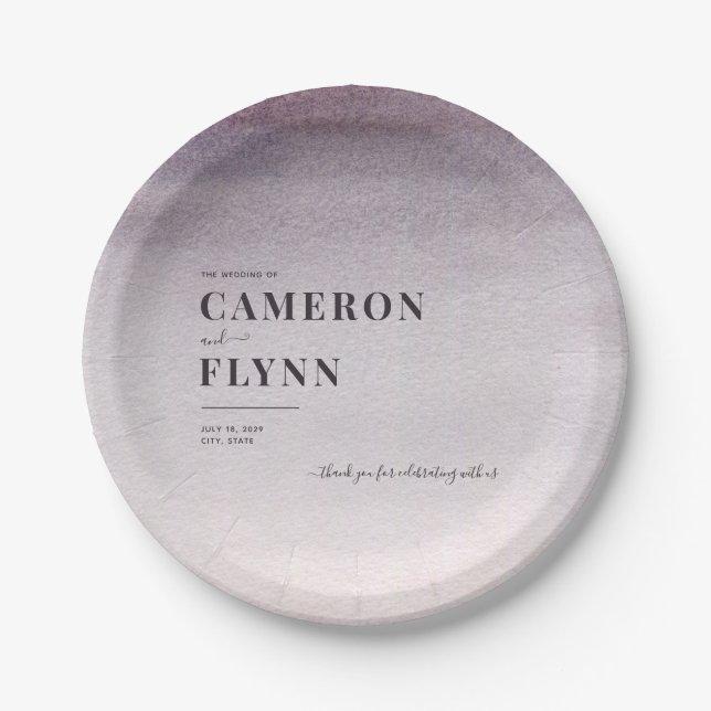 Ombre Plum & Pink Modern Simple Watercolor Wedding Paper Plate (Front)