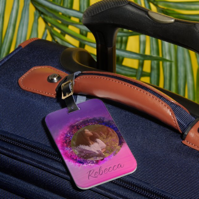 Ombre Purple and Pink Circle Frame Photo Luggage Tag (Front Insitu 1)