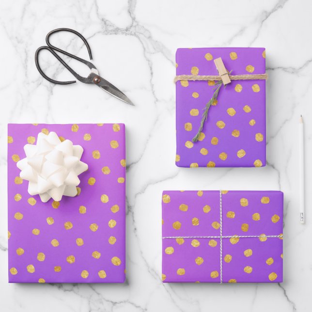 Ombre Purple Gold Confetti Dots Pattern Wrapping Paper Sheet (Front)