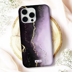 Ombre Purple & Gold Moody Agate Modern Monogram iPhone 15 Pro Max Case