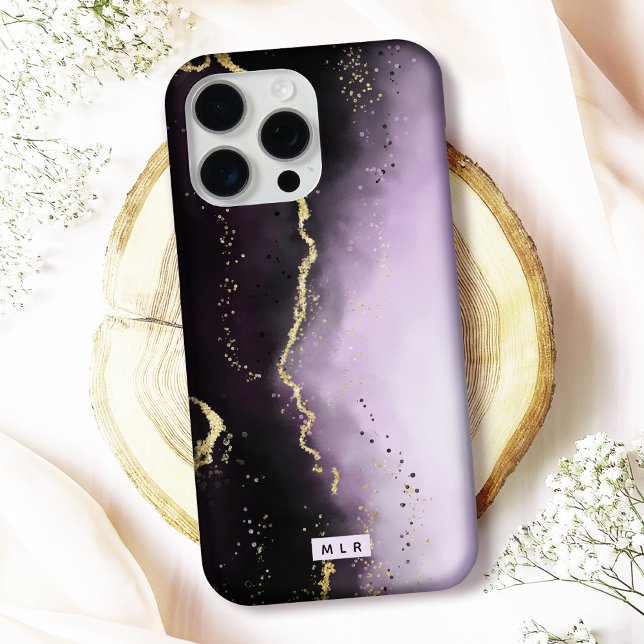Ombre Purple & Gold Moody Agate Modern Monogram Case-Mate iPhone Case (Protect your phone in style with this elegant "Ethereal Mist" monogrammed iPhone case)
